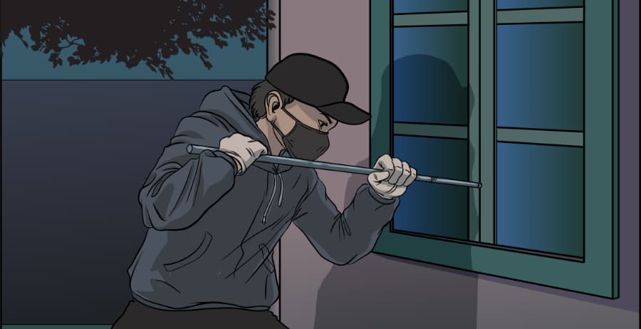 Illustration of burglar forcing entry through a window in Miami